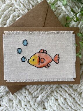 Handmade Greeting Card Orange Yellow Fish Embroidery Pet Fish Art